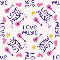 Love music seamless pattern with country guitar, music notes, treble clef, hearts, decorative elements. vector