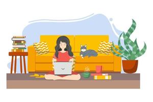 joven mujer trabajando o estudiando desde hogar, sentado en el sofá, en un acogedor atmósfera, con té y un gato. covid-19 cuarentena concepto, trabajo y aprendizaje desde hogar. vector