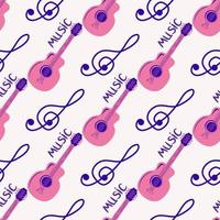 Love music seamless pattern with country guitar, music notes, treble clef, hearts, decorative elements. vector