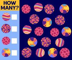 Counting Game for Preschool Children. Educational a mathematical game. Count how many space objects and write the result vector