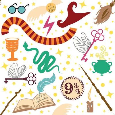Magic items seamless pattern in flat style. School of Magic. Pumpkin, key, magic ball, feather, spider, purple hat, broom, skull, snake