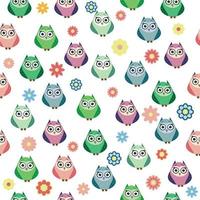 Cute multicolored owls and flowers in cartoon style, childish seamless pattern, newborn. Creative childish background for fabric, textile vector