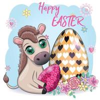 Cute donkey with an easter egg. Easter character and postcard vector