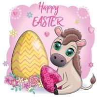 Cute donkey with an easter egg. Easter character and postcard vector