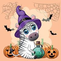 Cute zebra in witch hat, with broom, pumpkin jack, magic potion. Poster, card, label and decoration for Halloween vector