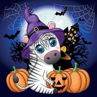 Cute zebra in witch hat, with broom, pumpkin jack, magic potion. Poster, card, label and decoration for Halloween vector