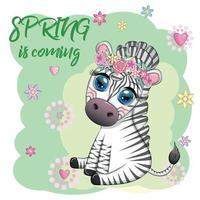 Striped zebra in a wreath of flowers, with a bouquet. Spring is coming vector