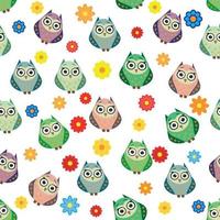 Cute multicolored owls and flowers in cartoon style, childish seamless pattern, newborn. Creative childish background for fabric, textile vector