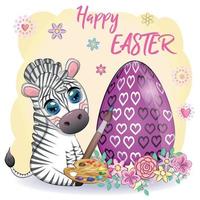 Zebra with Easter egg, flowers. Easter greeting card vector