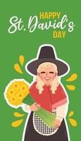 Happy Saint Davids day. Girl in traditional welsh costume celebrate St Davids day with yellow daffodils. Vector illustration