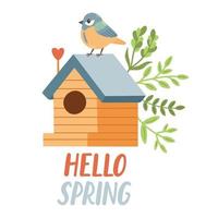 Spring birdhouse. Spring mood greeting card template. Welcome spring season invitation. Minimalist postcard birdhouse. vector