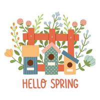 Spring birdhouse. Spring mood greeting card template. Welcome spring season invitation. Minimalist postcard birdhouse. vector