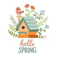 Spring birdhouse. Spring mood greeting card template. Welcome spring season invitation. Minimalist postcard birdhouse. vector