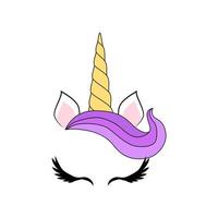 Cute unicorn face. Funny character with rose flowers. Card and shirt print design. Colorful vector