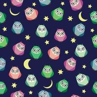 Cute multicolored owls at night with stars, clouds and moon. Seamless pattern in cartoon style, childish seamless pattern, newborn. vector