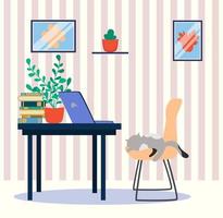 Living room interior design with sleeping cat, laptop, plants and table with books and a cup. Modern interior design. vector