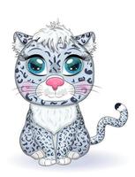 Cartoon snow leopard with expressive eyes. Wild animals, character, childish cute style. vector