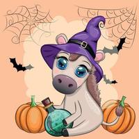 Cute donkey in purple witch hat, with broom, pumpkin, potion. Halloween card for the holiday. vector