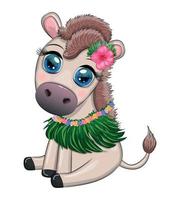 A cute donkey in a flower wreath with a guitar, a hula dancer from Hawaii. Summer card for the festival, travel banner vector