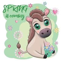 linda dibujos animados burro, poni para tarjeta postal con flores, primavera es viniendo vector