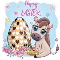 Cute donkey with an easter egg. Easter character and postcard vector