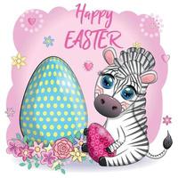 Zebra with Easter egg, flowers. Easter greeting card vector