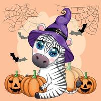 Cute zebra in witch hat, with broom, pumpkin jack, magic potion. Poster, card, label and decoration for Halloween vector
