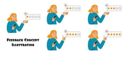 Woman giving feedback to service. Review concept illustration. Set of illustration vector
