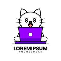 cute cat logo playing laptop vector