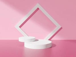 Geometric platform show cosmetic product.Pastel beige background and white cylinder stand concept.3D display podium on pink background.Pedestal product.Abstract background.Minimal mockup 3d rendering. photo