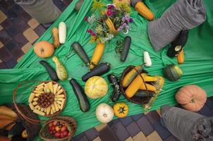 Village fair. Vegetables and fruits in wicker baskets. Autumn rich harvest. photo