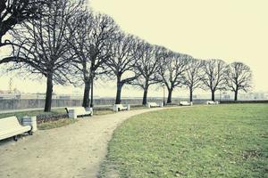 Vintage dull city park landscape with footpath and benches in faded colors. photo