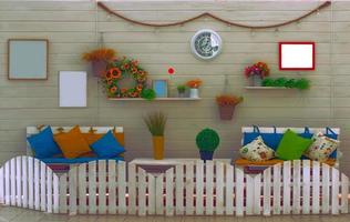 Rustic interior with wooden wall and sofas. Decorated farmhouse style. Background wall with shelves with flowers and furniture. The photo zone is a cozy corner of the house.