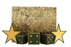 Golden glamorous background with stars and dice. For casino and gambling. photo