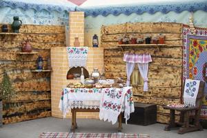 Part of ethnic slavic ukrainian or belarusian interior with national food. photo