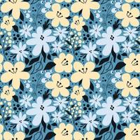 Blue and yellow flowers on a blue background seamless pattern. Vector endless flower ornament.