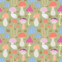 Vector seamless pattern with abstract stylized mushrooms on a green background.