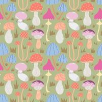 Vector seamless pattern with abstract stylized mushrooms on a green background.