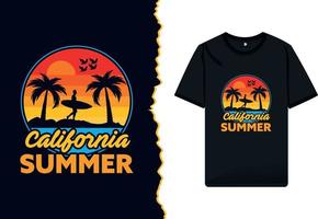 California beach summer t-shirt design with surfing retro color and palms tree silhouette on black background. Typography vector illustration with California ocean party shirt templates.