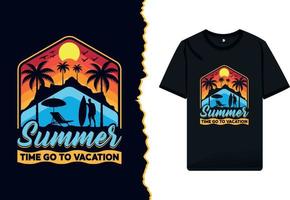 Summer vacation t-shirt design for a beach party. Typography vector illustration with palm trees and colorful retro summer print on the shirt template.