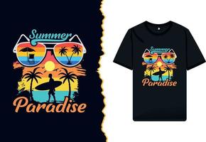 Summer Paradise Stock Vector Illustration T-shirt Design. Sunglasses with tropical beach party arts. Typography vacation palm tree and summer holiday surfing shirt template.