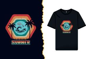 verano temporada vector camiseta diseño con mar puesta de sol palma árbol. California Papa Noel monica playa disfruta el genial Hora de verano con un grunge textura ilustración camisa modelo.