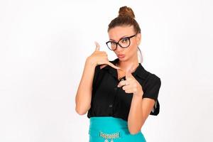 White background, girl office worker, business woman, shows emotions photo