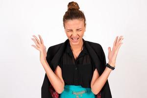 White background, girl office worker, business woman, shows emotions photo