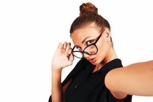 White background, girl office worker, business woman, shows emotions photo