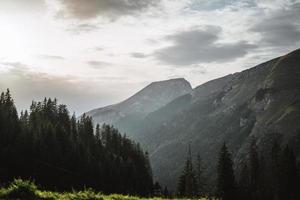 majestuoso montañas en el Alpes cubierto con arboles y nubes foto