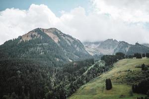 majestuoso montañas en el Alpes cubierto con arboles y nubes foto