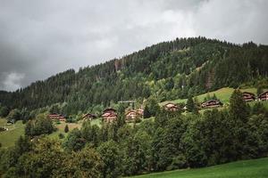 majestuoso montañas en el Alpes cubierto con arboles y nubes foto