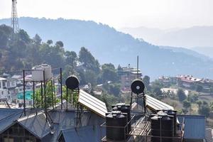 Early morning view of Modern rooftop restaurant at Kasauli, Himachal Pradesh in India, View of mountain hills from open air restaurant in Kasauli, Kasauli Rooftop restaurant photo