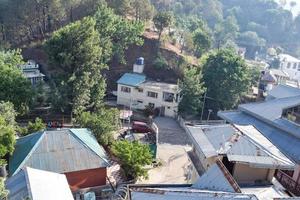 Early morning view of Modern rooftop restaurant at Kasauli, Himachal Pradesh in India, View of mountain hills from open air restaurant in Kasauli, Kasauli Rooftop restaurant photo